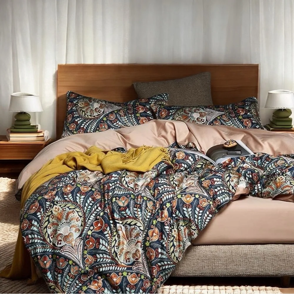 NEW Anthro Paisley Floral Multicolor Boho Queen / King Bedding Duvet & Sham Set